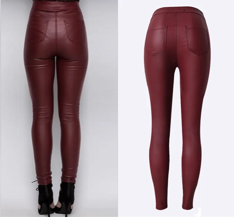 С высокой талией винно-красный искусственная кожа джинсы локомотив размера плюс обтягивающие узкие кожаные брюки Полная длина модные тонкие кожаные джинсы