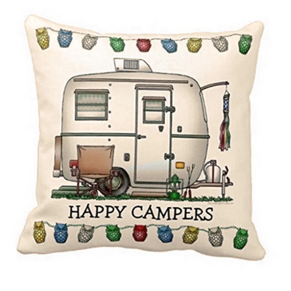 

Happy Campers Retro pattern Pillow Cover Linen blend Sofa Waist Throw Cushion Cover 45cm*45cm home party car decorative
