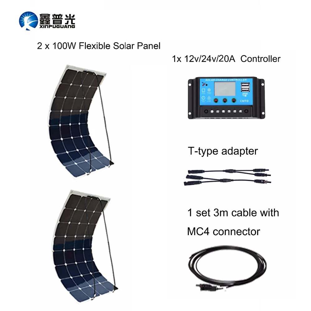 

Flexible Solar Panel 2pcs 100w Cable 12v Or 24v 20a Controller Usb Output House 200w Kits Diy System Solar Power Station Home