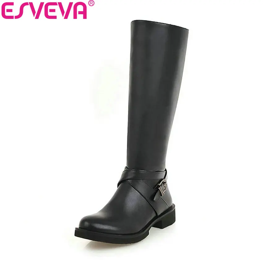 

ESVEVA 2019 Shoes Women Round Toe Black Knee-high Boots Square Low Heels Short Plush Zip Solid Autumn Boots for Woman Size 34-43