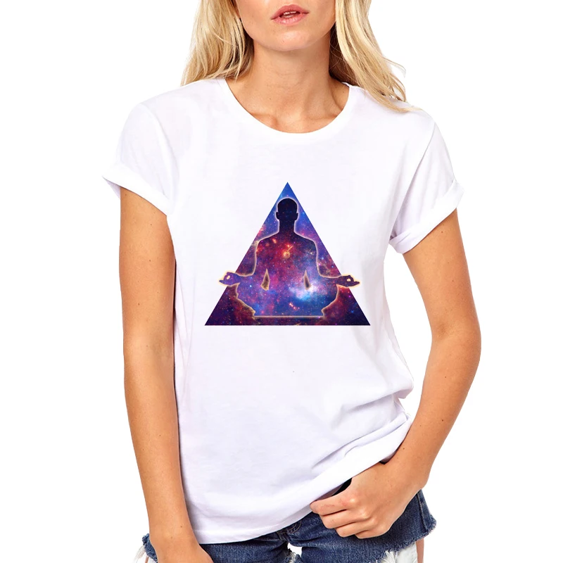 

New Summer Fashion Design Meditation Buddha T-shirts Women Buddhism Tops Print Shirts White T Shirt