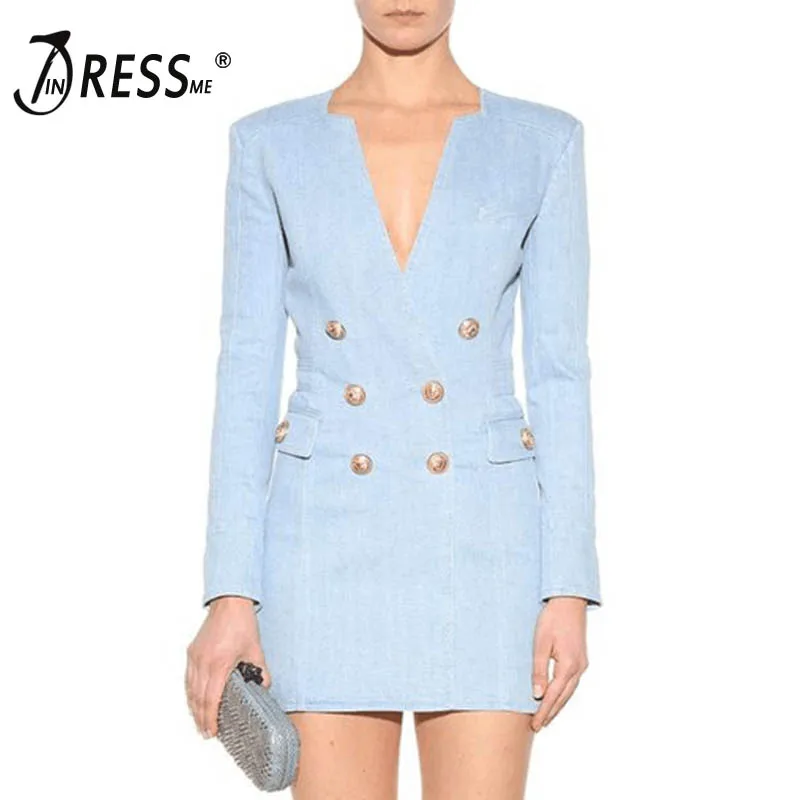 

INDRESSME Sexy Deep V Button Women Blazers Dress Fashion Solid Blue Full Sleeve Women 2019 Winter New Women Dress