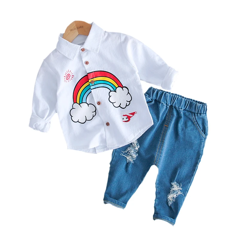 BINIDUCKLING Мода 2 шт./компл. Осень корейский стиль Одежда для маленьких мальчиков и девочек с рисунком длинный радужные рубашки+ штаны, комплект для детей