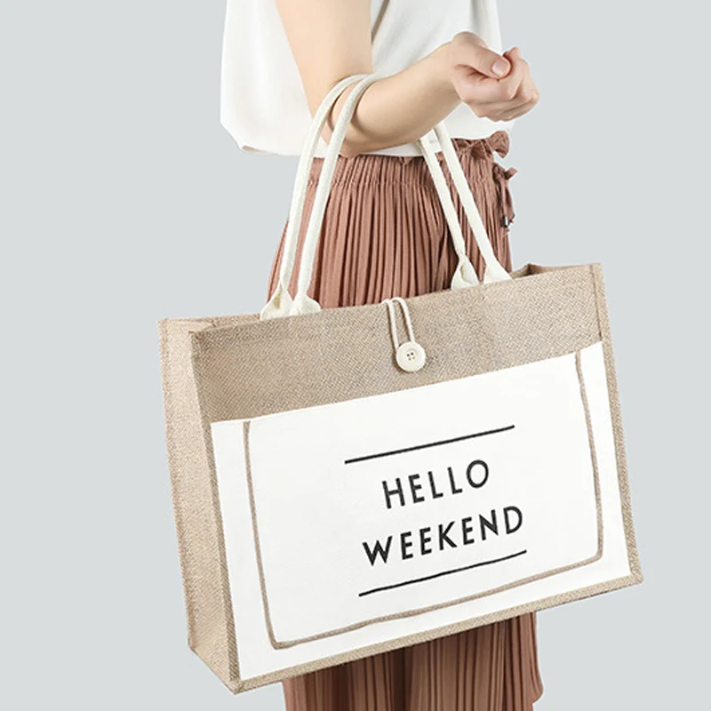 Повседневные женские джутовые хлопковые сумки в европейском стиле Hello Weekend, Женская пляжная сумка большого размера для девочек, 3 цвета, сумка через плечо с принтом