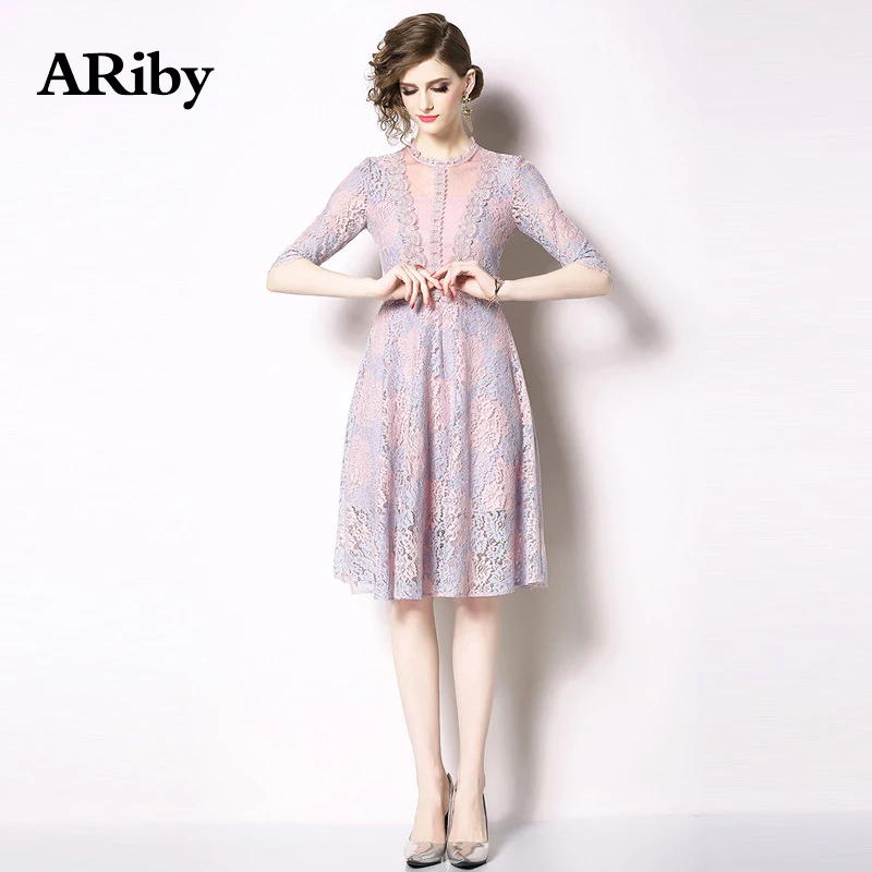 

Lace Women Dress 2019 Spring/Summer New Lady High-end Elegant Temperament Slimming Five-sleeved O-Neck Hollow-out A-Line Dress