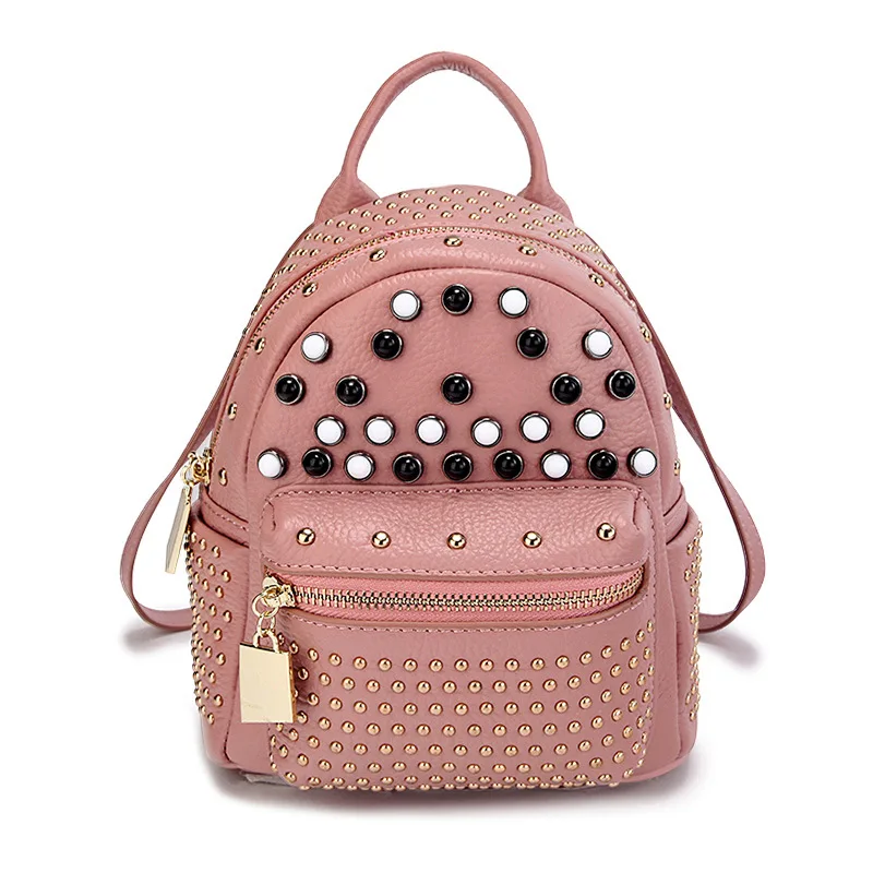 2019 Casual Women Mini Zipper Pocket Genuine Leather Rivet Backpacks Pink Black Bags Travel Shoulder Bag Cow Leather Rucksack 2019 Casual Women Mini Zipper Pocket Genuine Leather Rivet Backpacks Pink Black Bags Travel Shoulder Bag Cow Leather Rucksack