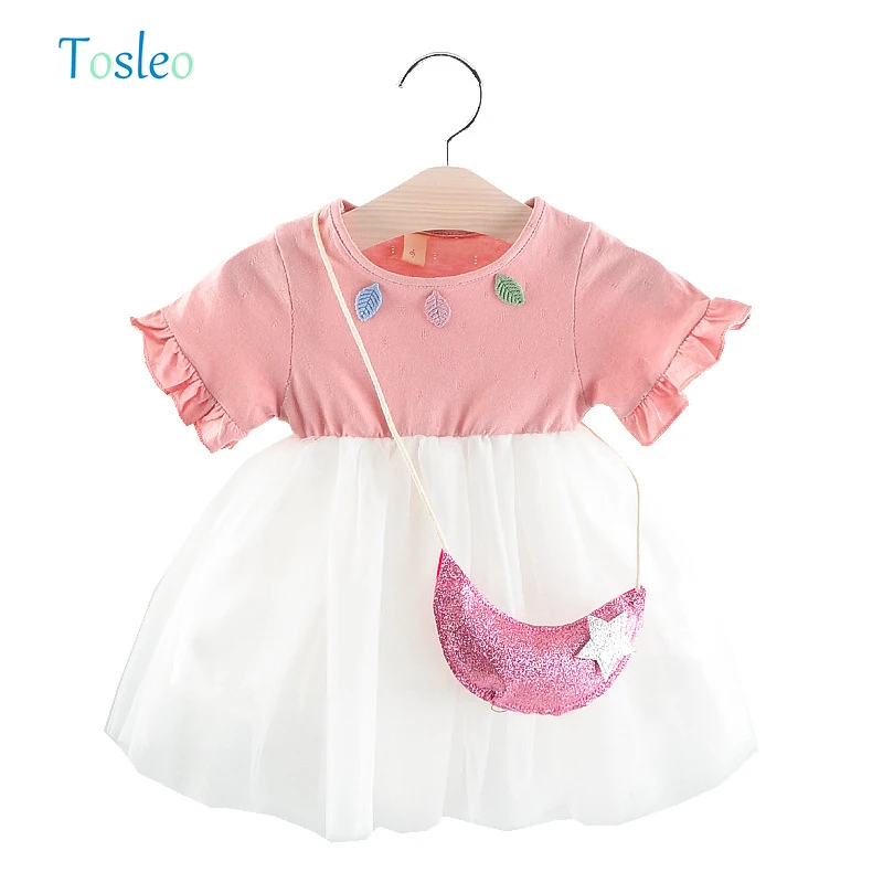 Baby Girls Infant Dress Clothes Summer Kids Party Birthday Outfits 1-3 Years Ball Gown Baby Dress with Moon Bags Pink Yellow