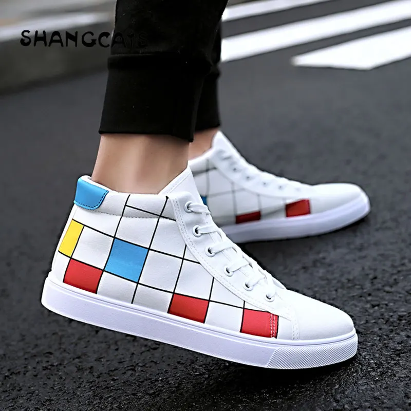 

men winter shoes high top Sneakers men fashion plaid mens shoes black white red footwear male vulcanize shoes platform shoes
