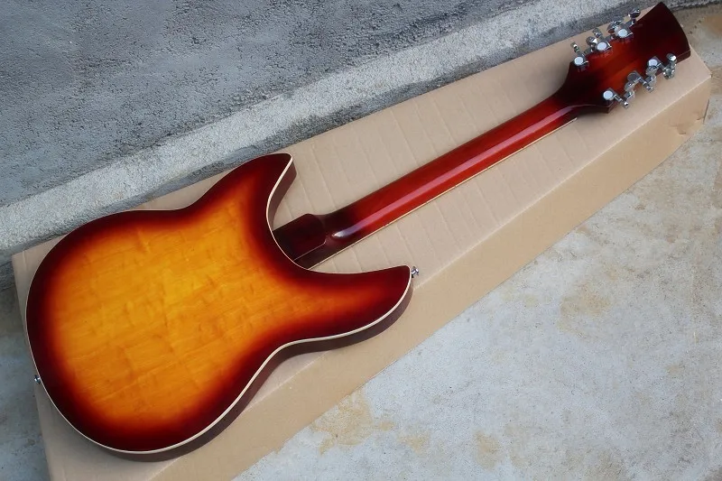 Custom Shop Sunburst rickenback 360 Полу полый корпус 12 строки Джаз электрогитары Двойной выход в jacks моно Ricken Гитары