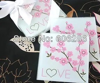 

60pcs(30sets)/LOT Elegant Love theme plum Blossom flower square glass coaster wedding showers home party table coaster supplies