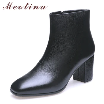 

Meotina Natural Real Leather Ankle Boots Women Square High Heel Winter Genuine Leather Ladies Short Boots Zipper White Black