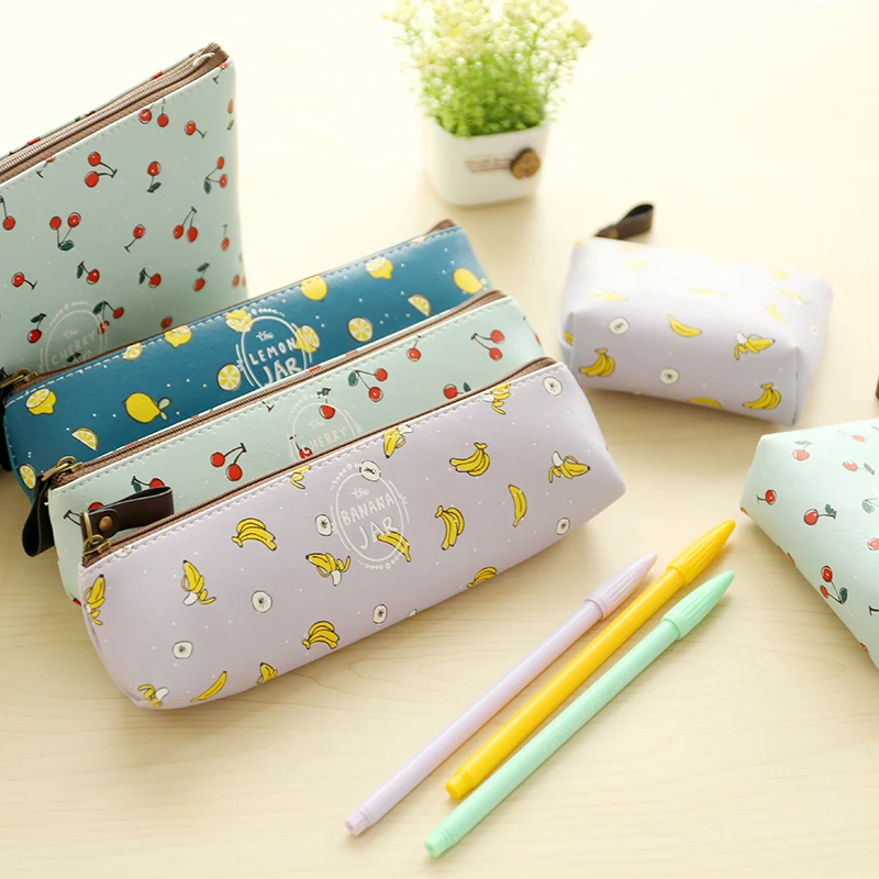 Novelty Fruits Pattern PU Leather Pencil Case Stationery Storage Organizer Bag School Office