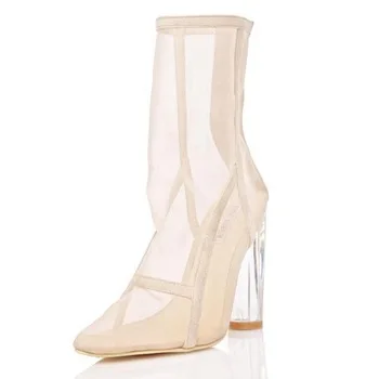 THEMOST New Women mesh Boots Clear Perspex Heel Mesh Ankle Boots Transparent thick heel Summer boots Chunky Heels Woman Booties