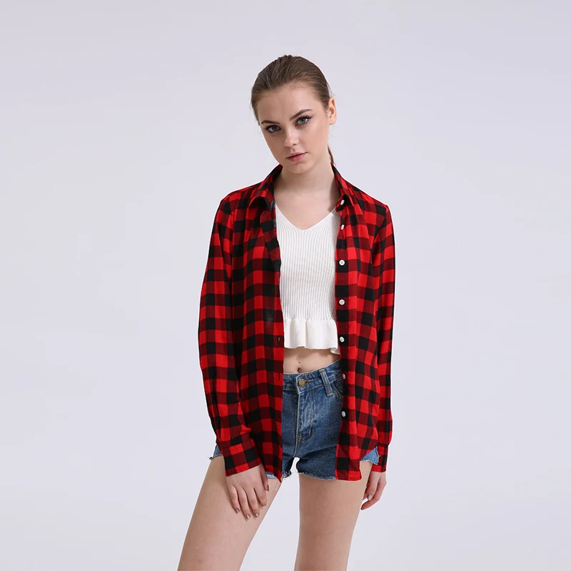 2017 Hot Sale Summer Ladies Plaid Shirt Plus Size Female Casual Cotton Long-Sleeve Women Slim Outerwear Blouse Tops Clothing2