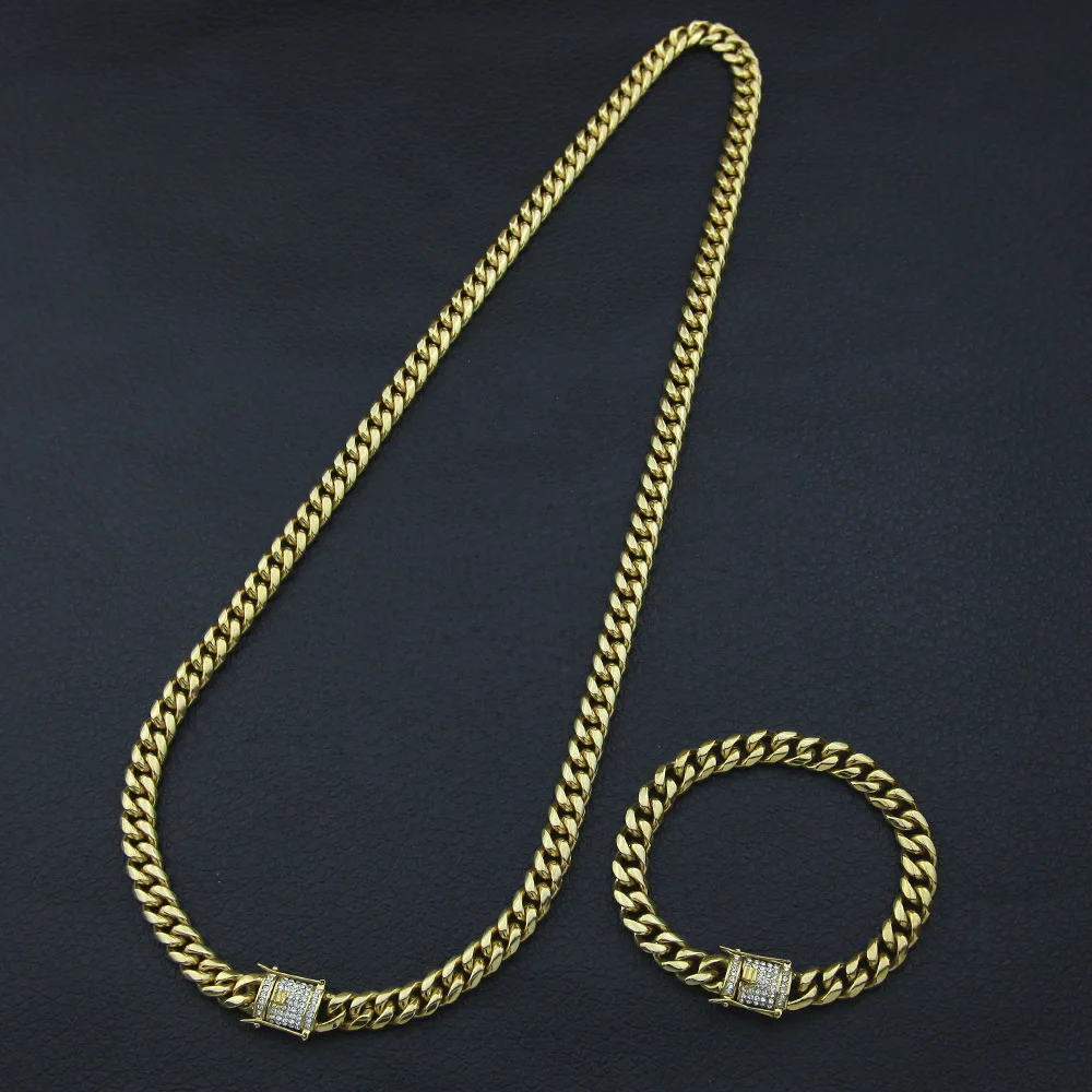 

10mm Men Clasp Jewelry sets Golden Casting AAA Rhinestone Finish Miami Cuban Women Necklaces Bracelets Sets Hip Hop Chains