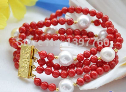 

Miss0027 4row 8" 6mm red coral bead 12mm round white shell pearl bracelet
