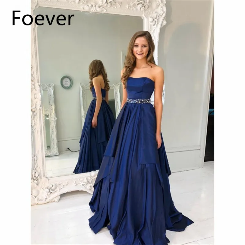 Elegant 2019 A-Line Navy Blue Evening Dresses Long with Crystals Satin Sweetheart Formal Evening Party Dress Custom Made