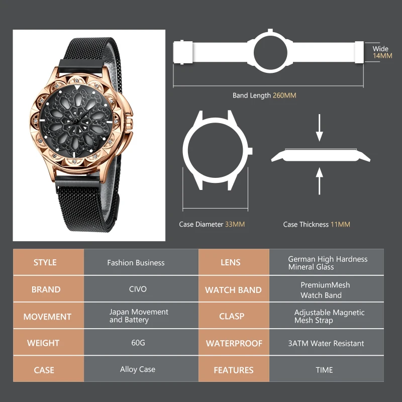 CIVO модные часы с бриллиантовым вращающимся циферблатом женские водонепроницаемые часы с сетчатым ремешком аналоговые женские кварцевые часы Relogio Feminino