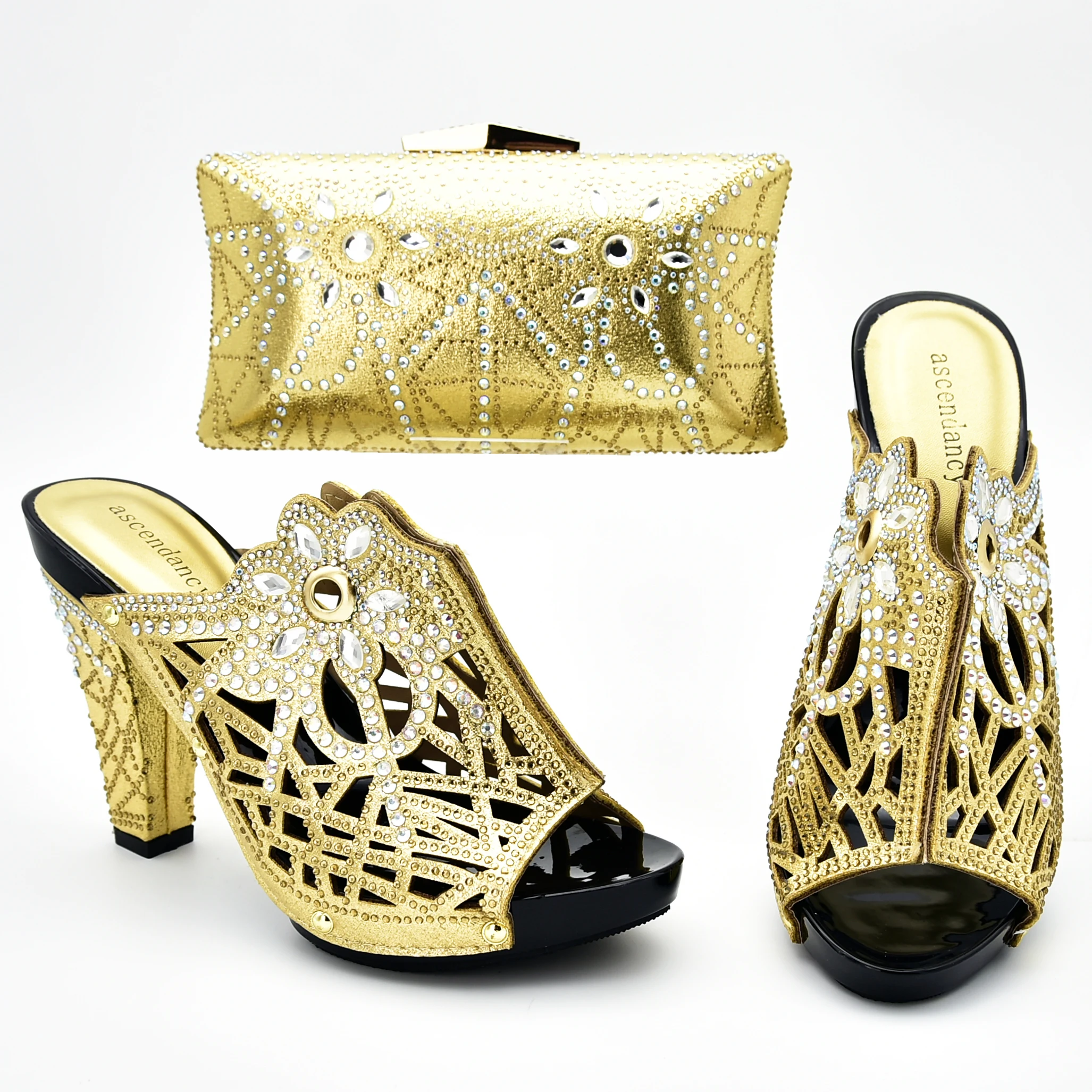 

Gold italian shoes and bag matching set for african aso ebi party 4.3 inches slippers shoes clutches bag matching set SB8393-3