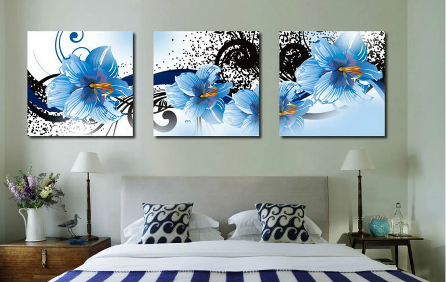 Free shipping Modern abstract blue flowers modern wall art living room