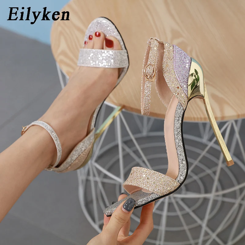 

Eilyken Summer Fashion Gold silver Wedding Sandals Open-toed Ankle Buckle Strap Sexy High Heel 13cm Party Pumps Women's Sandals