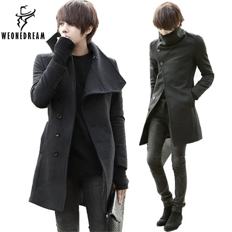 

2018 Hot Sell Men's Solid Woolen Trench Coat Male Long Big Collar Slim Fit Jackets Outercoats
