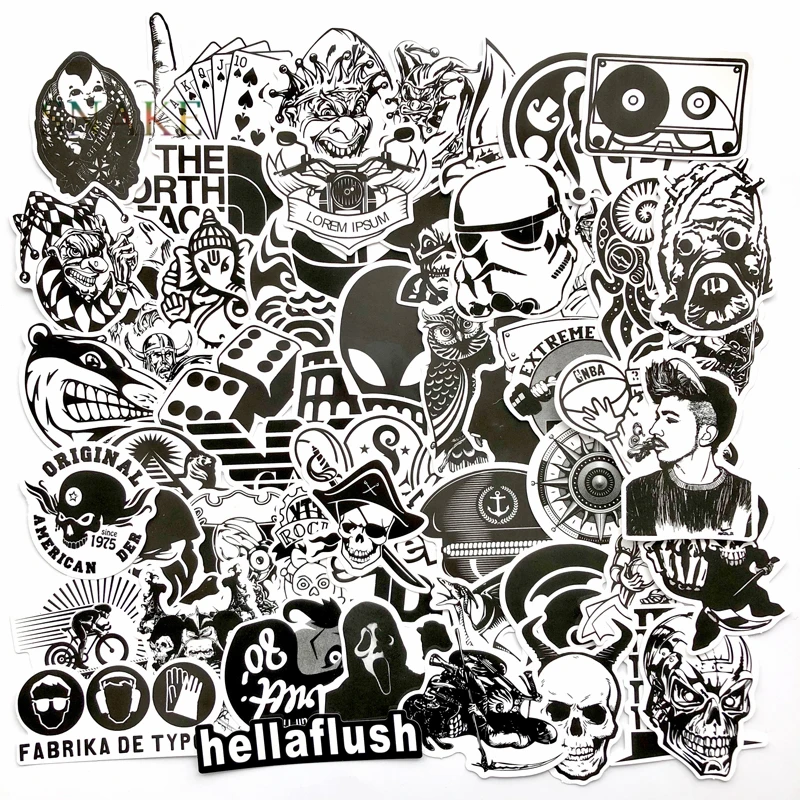 

60PCS funny brand laptop Black and White Sticker Car Styling Sleigh Box Luggage Fridge Toy Decal Home decor DIY Cool Stickers