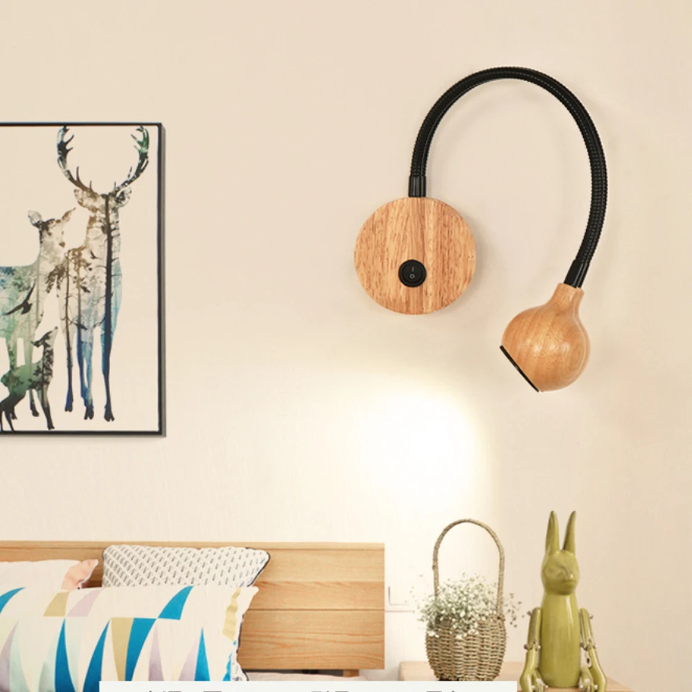  Modern wood LED Wall Lamps With Knob Switch 3W AC90-260V Bedroom Bedside Reading Light Direction Ad - 32899575870