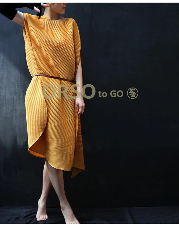 Changpleat летнее Новое Женское свободное платье Miyak Плиссированное модное дизайнерское однотонное платье с круглым вырезом большого размера Несимметричное женское платье