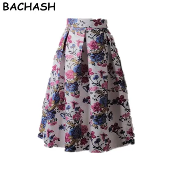 

Bachash Knee Length Casual Skirt 2020 Autumn Spring Vintage Floral Printed Ball Gown Pleated Midi Women Skirt Saias For Women