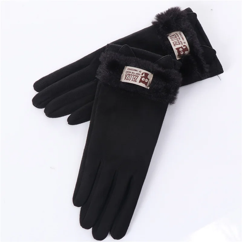 Touch screen gloves ladies winter warm suede leather mittens lovely rabbit cat ears plus velvet thickening driving gloves D33