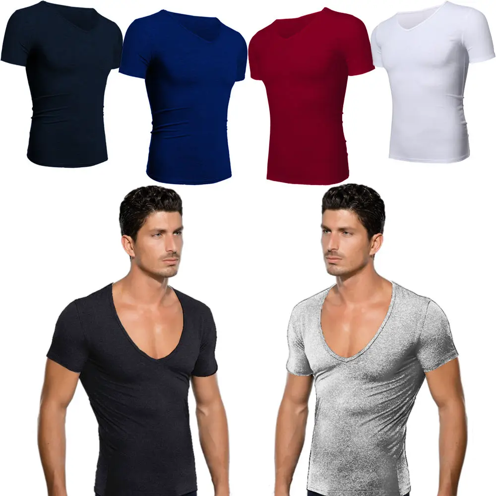 Men's Casual Deep V Neck Sexy T-Shirt Cotton Workout Short Sleeve Bodybuilding Silm Fitness Muscle Clothes Tee | Мужская одежда