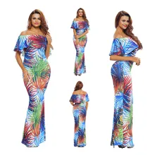 Tropical Print Dress off shoulder Women Long Party Dresses 2017 Elegant Bohemia Dress Maxi Mermaid Gown Vestido de festa LC61189