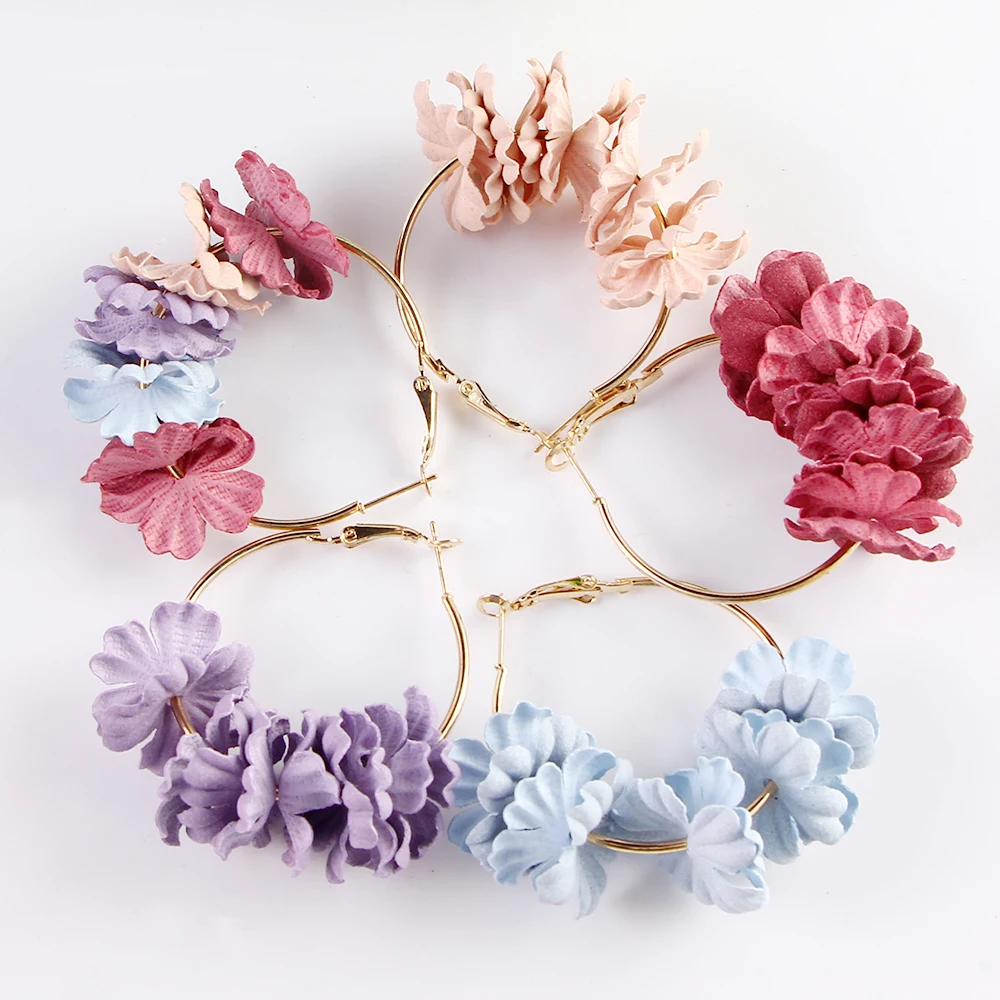 

New Design Hoop Earrings For Women Fabric Flower Pending Gold Color Circle Pendientes Hoops Earrings Female Jewelry Fashion 2018