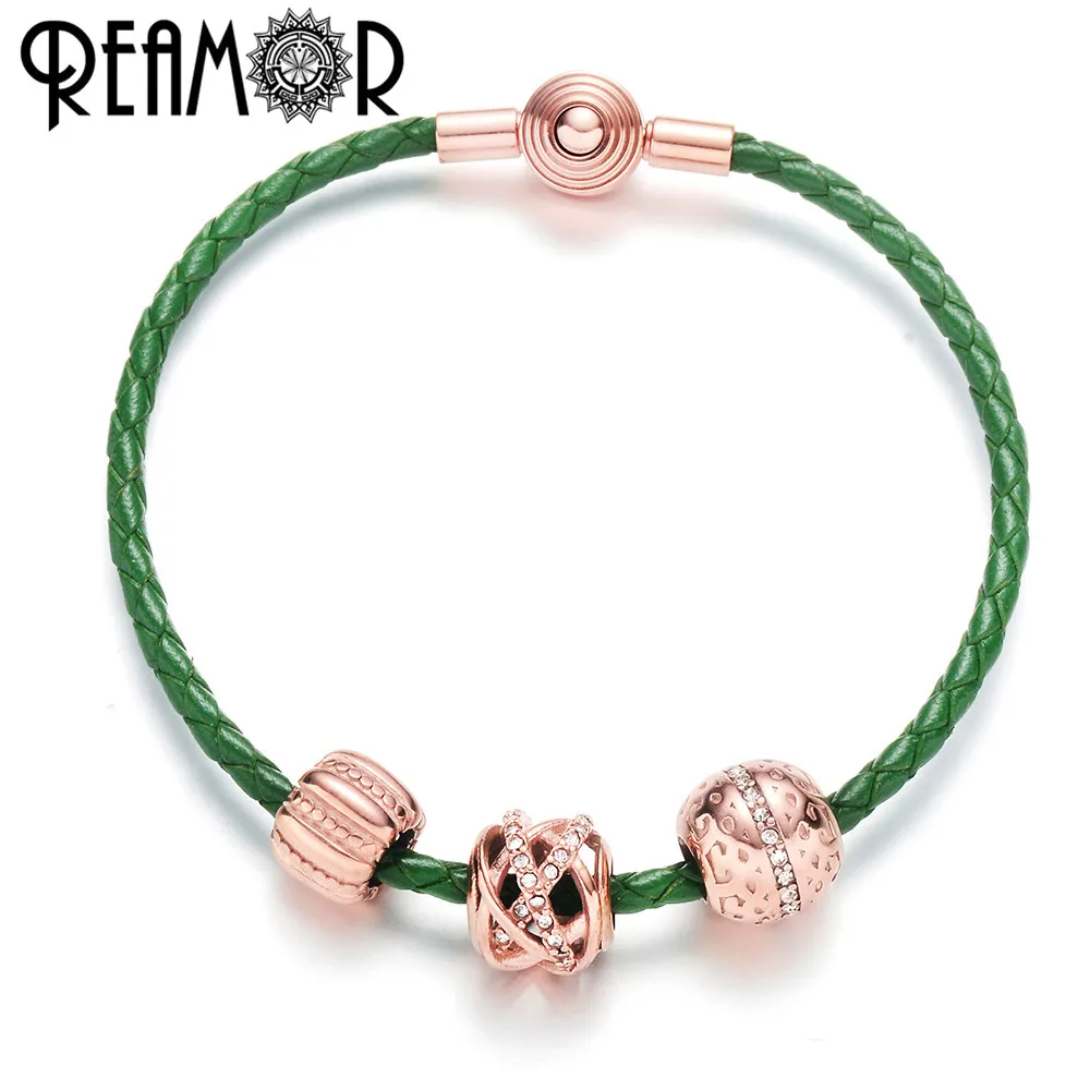 

REAMOR Luxury Charms Women's Bracelets Rose Gold Plating Crown Zircon Beads DIY Genuine Leather Bracelets & Bangles Jewelry