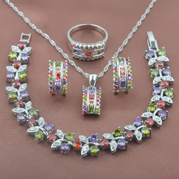

2020 New Women Jewelry Sets Exquisite Multicolor Cubic Zirconia Wedding Jewelry Bracelet Necklace and Earring Ring Set YZ0142