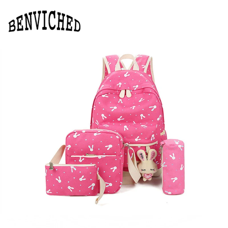 BENVICHED 4 шт./компл. 2019 для женщин рюкзаки мультфильм кролик розовый школьный рюкзак холст подростков милые обувь для девочек Bookbag детей R442