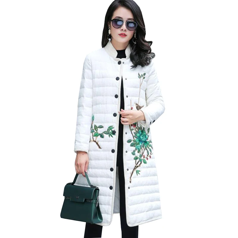 

2018 Womans Thin light Down Jackets Slim Stand collar embroidery Long Women White Duck Down Padded Coats Warm Down Parkas