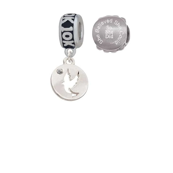 Silvertone Dove Disc 10K Run She Believed She Could Charm Beads (Set of 2)