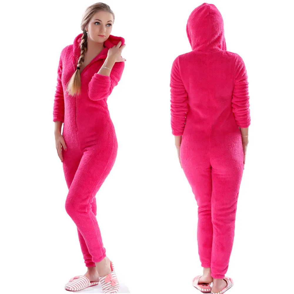 Women Onesies Winter Warm Pyjamas Fluffy Fleece Sleepwear Overall Hood Sets Pajamas Onesie