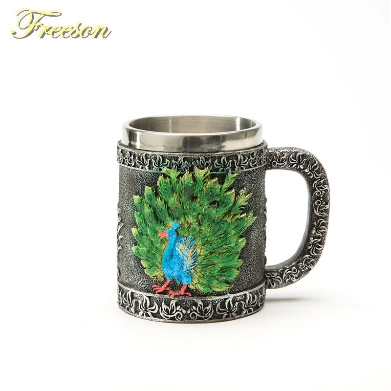 

Creative 3D Peacock Resin Stainless Steel Beer Mug 350ml Coffee Mug Personality Tankard Pub Bar Drinkware Decor Gift Drop Ship