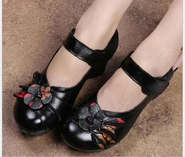

2017 Ethnic Style Genuine Leather Women Shoes mother shoes Handmade Flower soft bottom office work shoes woman leather shoe