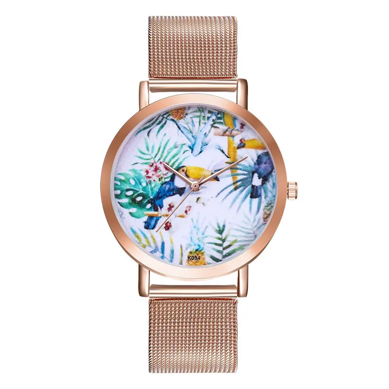 Newly Design Watch Women Girl Analog Stainless Steel Strap Plant Pattern Alloy Analog Quartz Round Watch  Relogio Masculino M23 (2)
