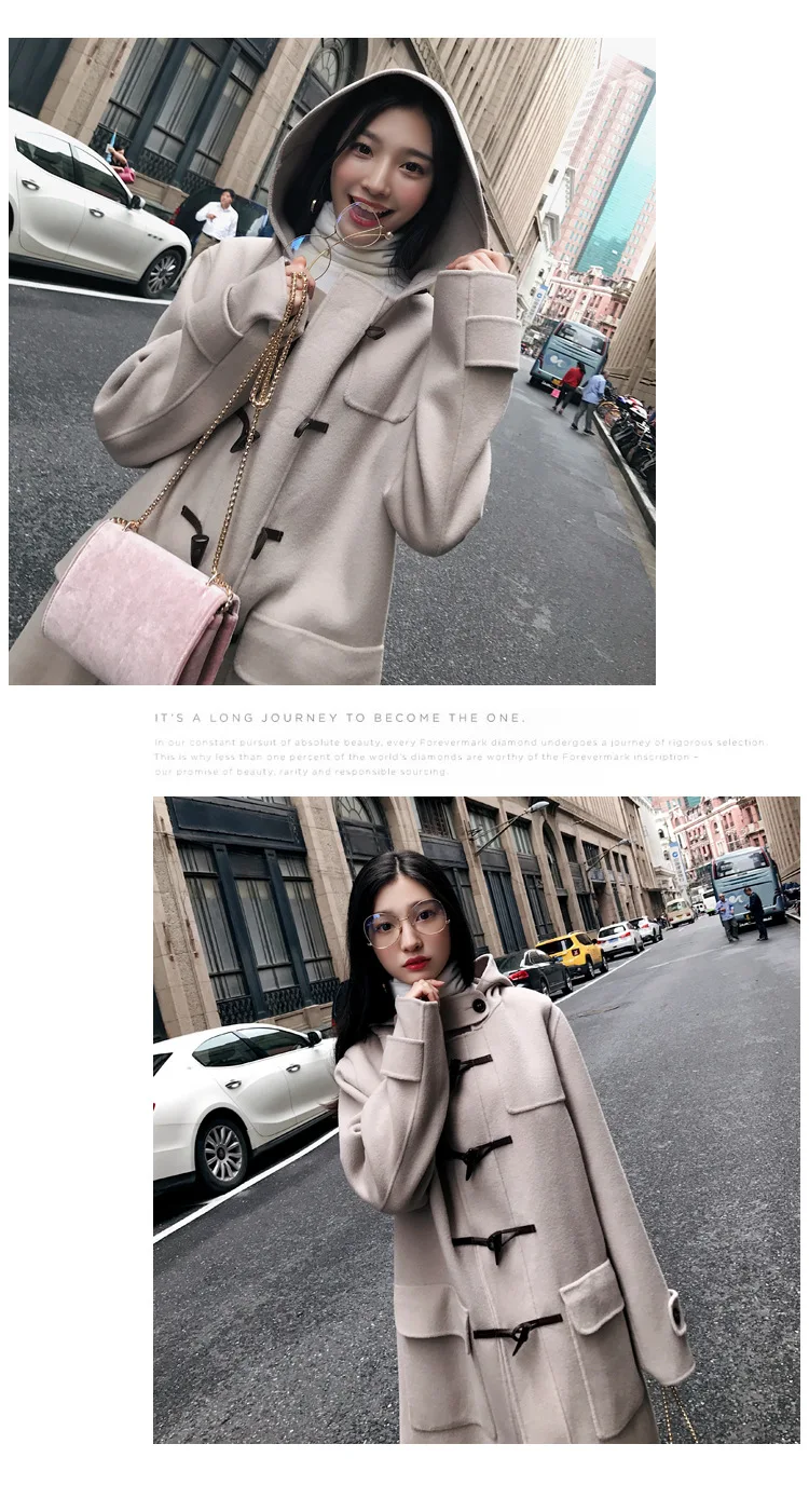 Повседневное Свободное длинное полушерстяное Женское пальто с твердой роговой пряжкой Женская куртка с карманами с капюшоном корейское женское модное пальто