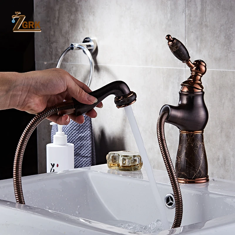 

ZGRK Bathroom Faucets Oil rubbed Bronze Pull Out Faucet Vintage Jade Bath Basin Mixer Tap Hot Cold Water Tap Sink Crane