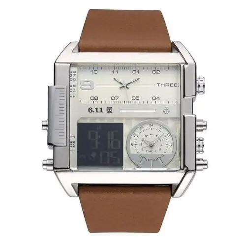 TIke Toker, Брендовые мужские часы с тремя часовыми поясами, Аналоговые электронные мужские часы с ремешком и пряжкой из натуральной кожи, водонепроницаемые 08 - Цвет: Brown