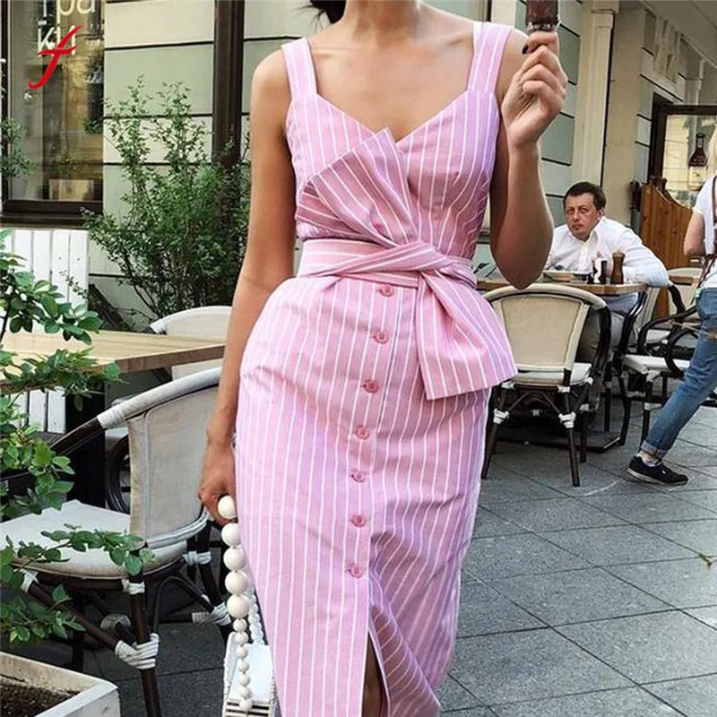 

feitong Ladies Fashion Dress Women Summer Plus Size Women's Fashion Casual Vacation Style Striped Print Sleeveless Dress #4
