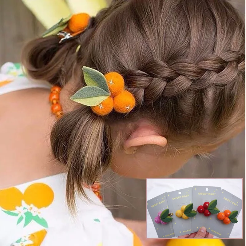 

10pcs/lot Auspicious Small Orange Wool Felt Ball Little Girl Hair Clips Fruit Leaves Hairpins Handmade Barrettes Kids Headwear