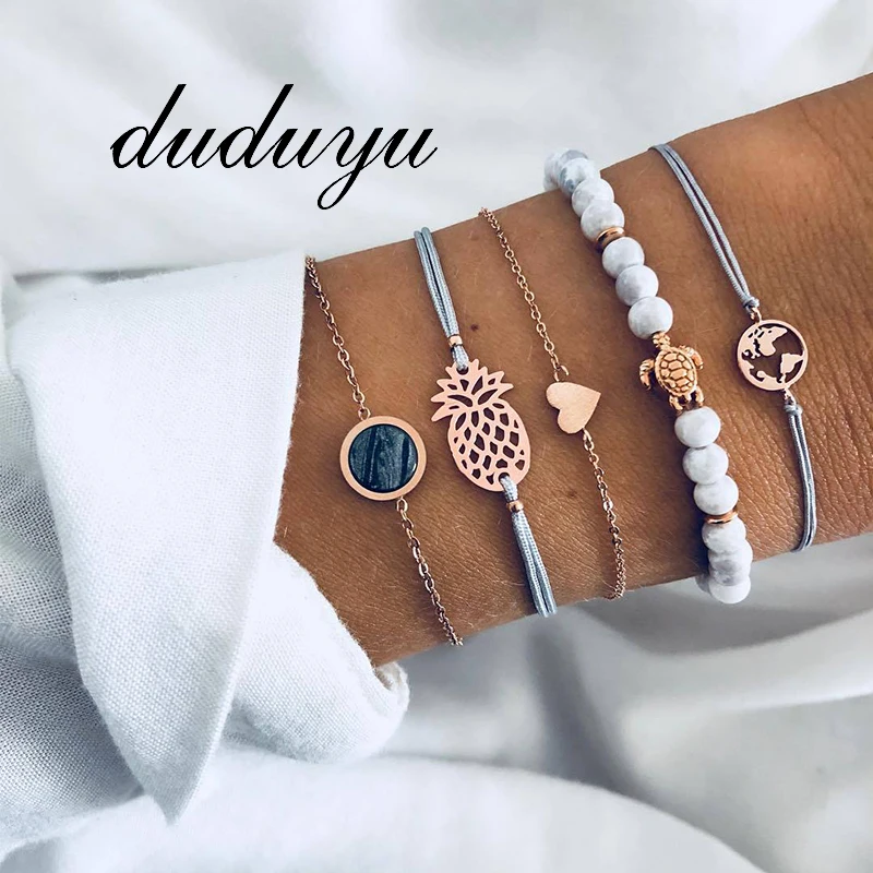 

5pcs/set Women Bracelet Cuff Bangle Bracelets For Woman Bohemia Nature Stone Map Pineapple Tortoise Bracelets 2019 Jewelry Gifts