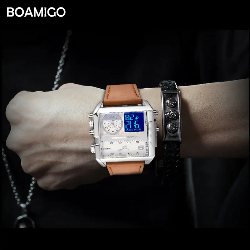 Dropshipping BOAMIGO brand men 3 time zone watch man sport digital watches brown leather military q